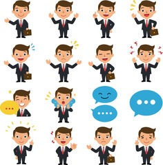 Pixel Art Business Man Poses And Emotions With Speech Bubbles White Background