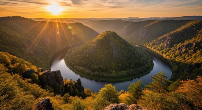 Scenic river loop at sunset. Sunbeams illuminate a majestic meandering river, curving around a verdant hilltop. Misty mountains and forests frame the scene