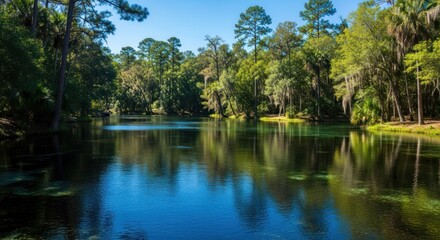 Fototapeta premium Serene spring-fed lake, lush green forest