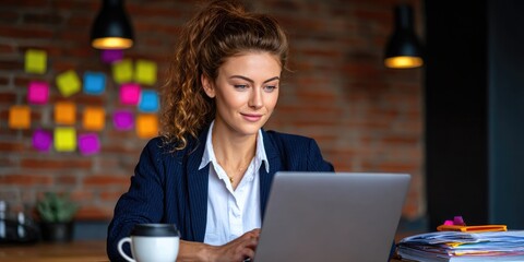 Focused professional woman working on laptop in modern office space creative environment bright colors inspirational atmosphere