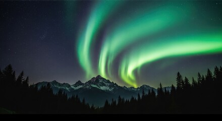 A stunning aurora borealis display over a mountain range with silhouetted trees in the foreground.