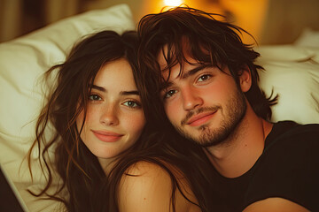 Fototapeta premium A cozy moment between a couple, showcasing their affectionate expressions and natural beauty while relaxing together.