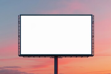 Blank advertisement billboard with a large copy space screen against a colorful orange and blue sunset sky, perfect for mockup