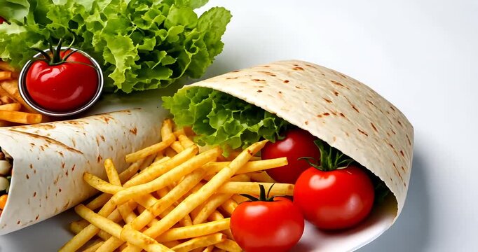 Freshly prepared wrap with vegetables and fries on a white plate, garnished with lettuce and tomatoes