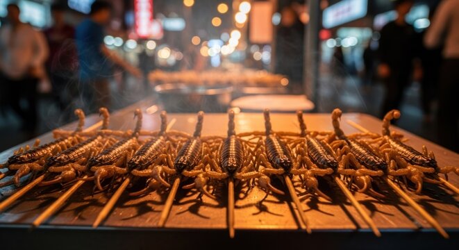 Street food skewers of grilled scorpions, night market