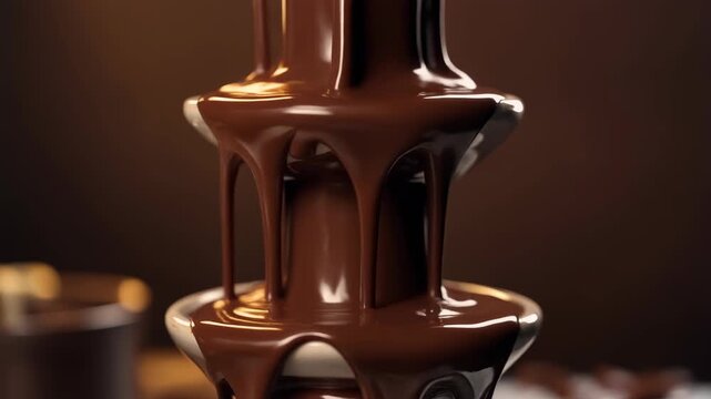 Dark brown liquid melted chocolate drop dripping from a fork, sweet food dessert cream sauce splash