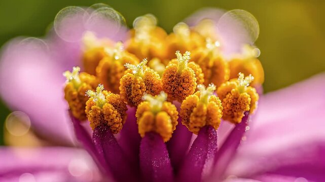 Close-up of a vibrant pink zinnia flower's stamen, showcasing intricate details and soft bokeh background