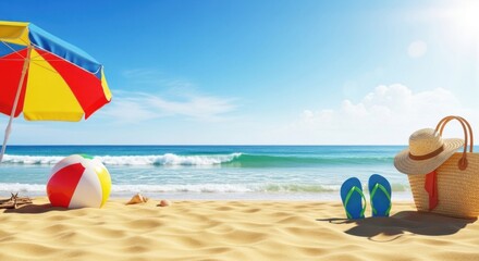 A colorful beach scene with a striped umbrella, a beach ball, flip flops, and a straw hat on a sandy beach under a clear blue sky with white clouds.