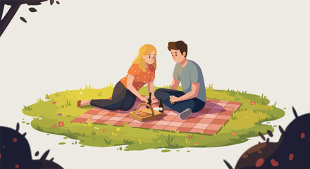 Pixel Art Couple Picnic Romantic Date on Plaid Blanket Outdoors
