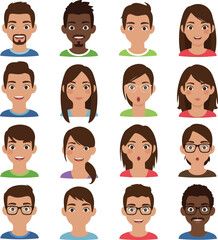 Pixel Art Diverse People Avatars Flat Design Set Blue and Green