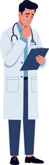 Pixel Art Doctor Pondering Medical Notes Clipboard White Coat Stethoscope Blue Shirt Dark Pants