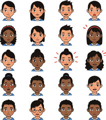 Pixel Art Diverse People Avatars Flat Style Blue Outfits White Background