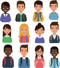 Pixel Art Diverse People Avatars with Backpacks and Casual Outfits