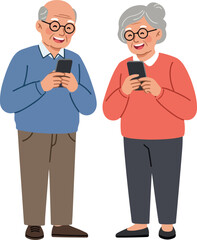 Pixel Art Elderly Couple Smiling Holding Smartphones Isolated Simple Vector