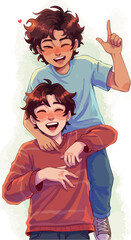 Pixel Art Duo Joyful Boys Hugging Arms Playful Cheerful Friends
