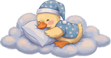 Pixel Art Duck Sleeping On Cloud Wearing Pajamas And Nightcap