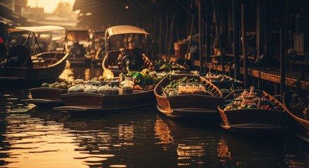 Sunrise over a bustling Asian floating market.  Wooden boats laden with produce and goods navigate narrow canals.  Golden light filters through market structures
