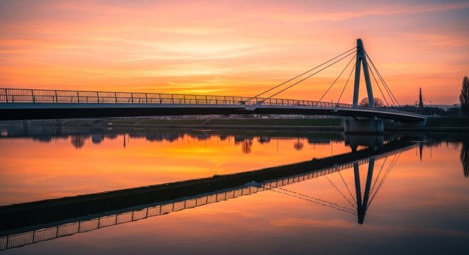 Sunrise over a calm river, with a modern pedestrian bridge reflected perfectly