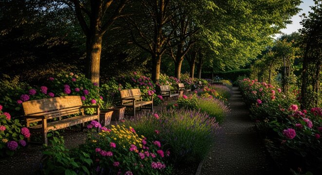Sunlight-drenched garden path lined with benches and vibrant blooms