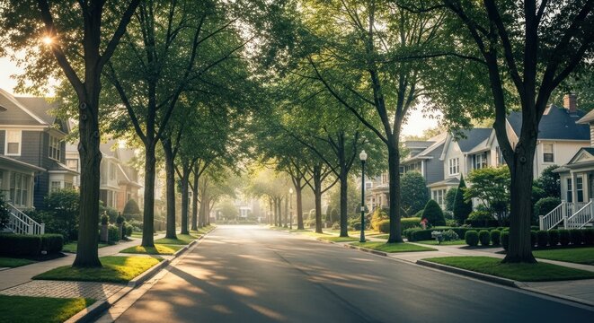 Sunlight streams down a residential street lined with trees.  Tranquil morning scene