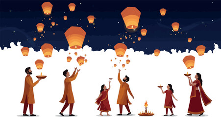 Pixel Art Festival Celebration Orange Lanterns Ascending Dark Sky With People