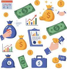 Pixel Art Finance Icons Money Bags Coins Charts and Business Elements White Background