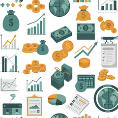 Pixel Art Finance Icons With Money Charts And Globes Seamless Pattern