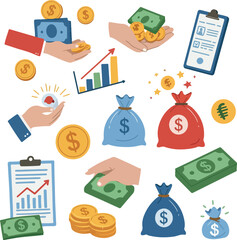 Pixel Art Finance Icons With Money Bags And Coins On White Background