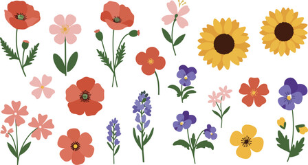 Pixel Art Floral Elements Poppies Sunflowers Pansies Lavender And Daisies Vector