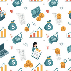 Pixel Art Finance Pattern With Money Growth Charts and Laptop on White