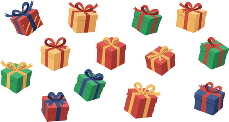 Pixel Art Gift Boxes with Ribbons on White Background Flat Design