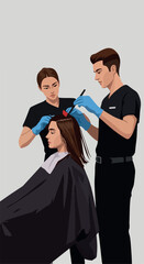 Pixel Art Hairdresser Applying Hair Dye To Client With Assistant