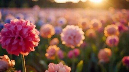 A breathtaking field of vibrant, colorful blossoms basking in the soft, golden glow of a warm sunset, creating a serene and picturesque natural landscape