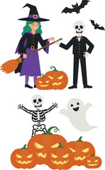 Pixel Art Halloween Characters With Pumpkins And Bats