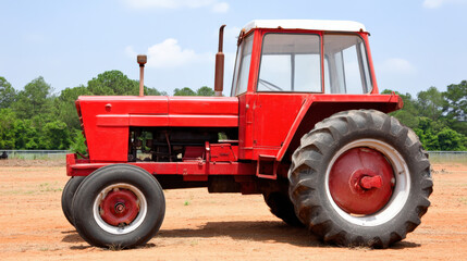 Vintage Red Tractor with Cab on Farm Field, Agricultural Machinery for Farming and Harvesting, Rural Scene with Blue Sky and Trees in the Background