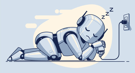 Tired robot peacefully sleeping plugged into power outlet, symbolizing recharge and rest in futuristic technology