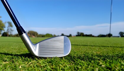 Close up view of golf club on green grass with bright blue sky in background