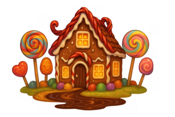 Gingerbread house made of sweets and candies, a fantasy illustration for children's stories or fairytale themes