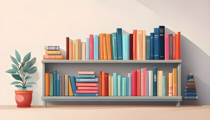 A bookshelf with colorful books neatly arranged with flower pots next to it on a white background.