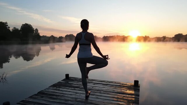 Serene Morning Yoga: Tree Pose by the Lake
