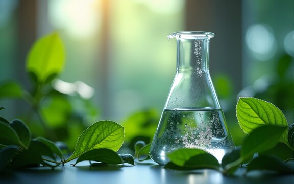 In the biotechnology science laboratory, a beaker and flask stand amidst vibrant green leaves, merging the precision of scientific research with the beauty of nature. Generative AI. High quality