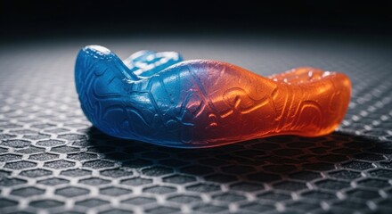 Two-toned, sculpted gummy candy resting on a textured surface