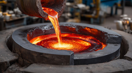 Molten metal pouring into industrial mold in foundry, heavy industry, manufacturing, and engineering