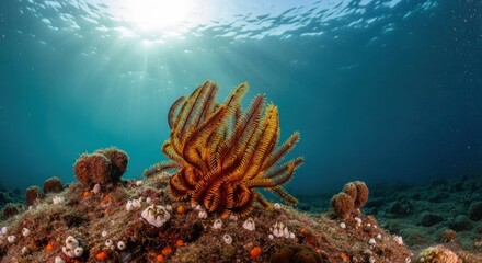 Underwater scene of a vibrant orange-brown sea star. Sunlight beams through the water, highlighting a cluster of delicate, spiky arms. 