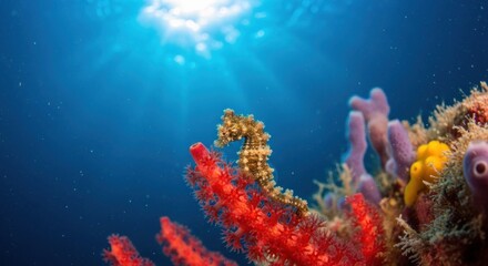 Underwater scene of a seahorse on vibrant coral reef. Sunlight streams from above, illuminating the rich marine life