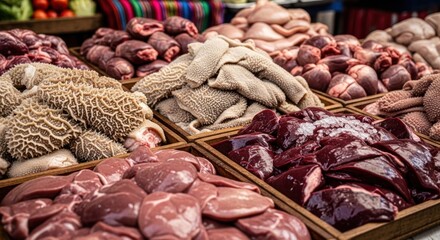 Various raw meats in wooden crates at a market