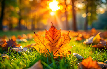 Autumn yellow leaf lies on green grass, sun background.