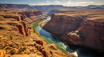 Vast canyon vista, river winding through red rock