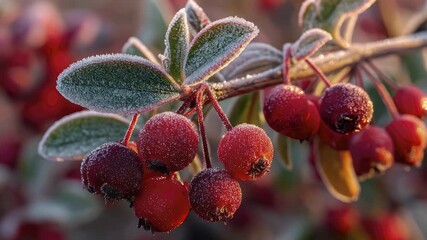 A stunning macro close-up captures vibrant red berries and lush green leaves, delicately adorned with glistening frost crystals and shimmering dew drops. Bathed in the soft, warm light of a crisp morn - Powered by Adobe