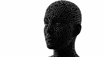 Human head rendered with intricate maze pattern covering its surface against a white background